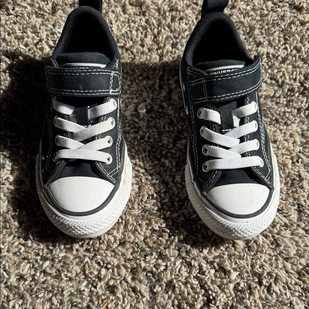 Black Canvas Kids Sneakers with White Trim and Velcro Strap